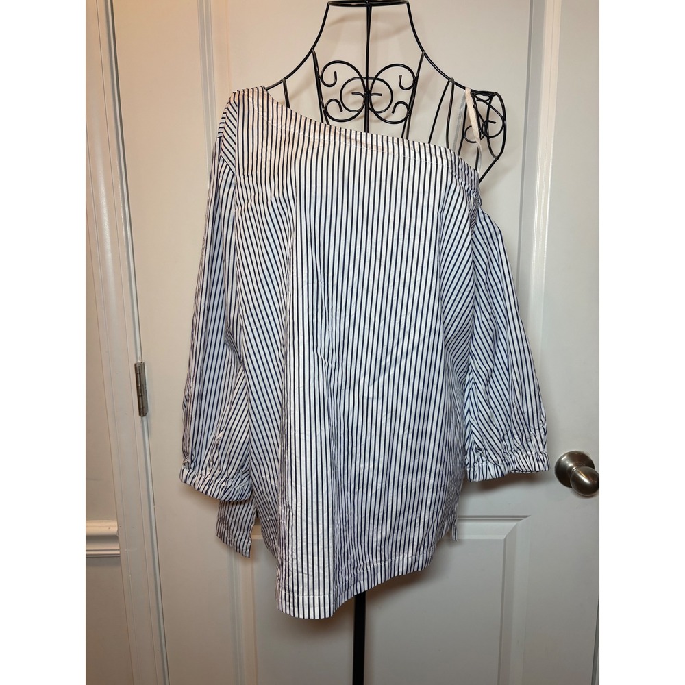 Lauren Ralph Lauren Womens Blue White Striped One Shoulder Cotton‎ Blouse Large
